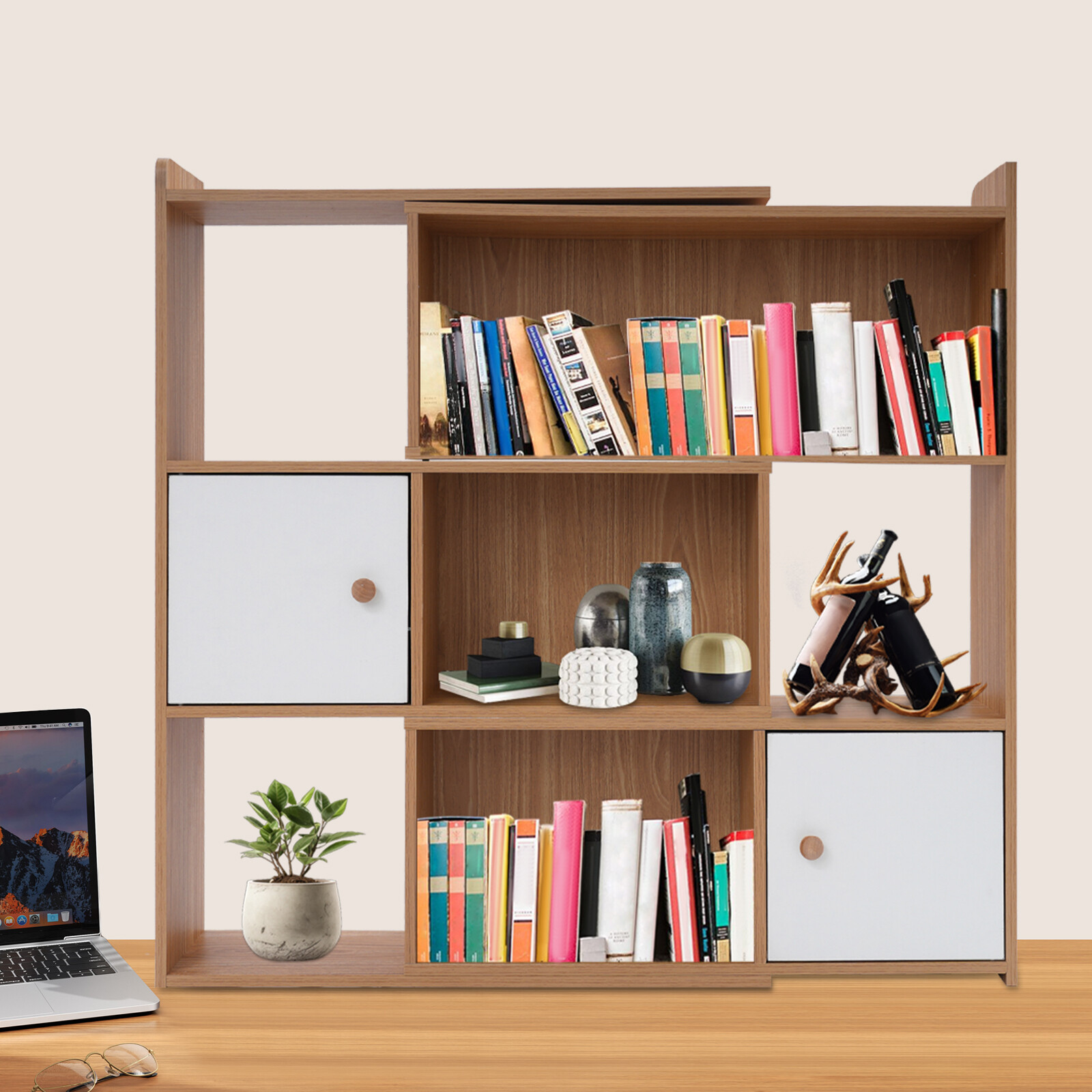 Log Color Stretchable Bookshelf 3-tier Rectangular Bookshelf For Home Office US gallery