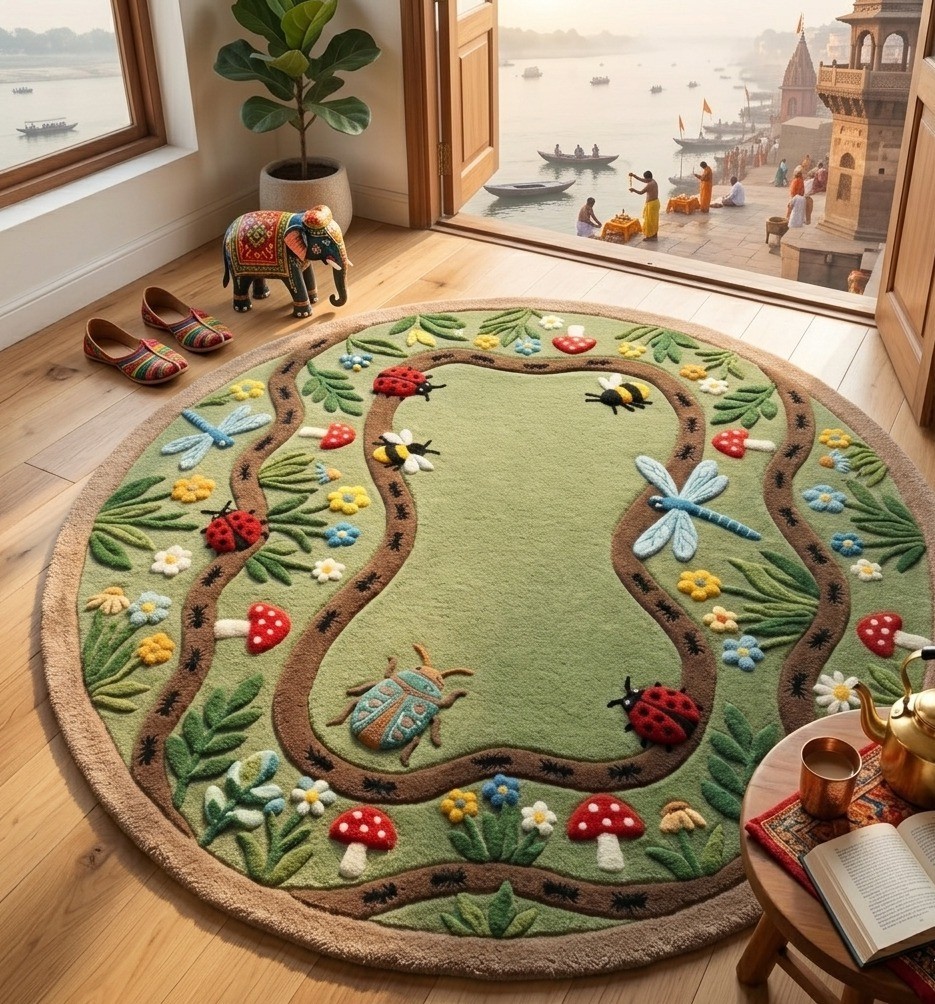 Hand Tufted Round Wool Rug Handmade Floral Kids Nursery Garden Cotton Backing gallery