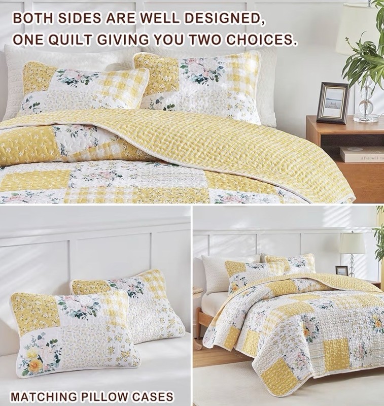 3pc Floral Patchwork Quilt Set Queen - Yellow White Reversible Bedspread & Shams gallery