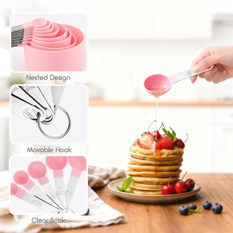 Pink Stackable 10-Pc Measuring Cups & Spoons Set, Stainless Steel Handles gallery