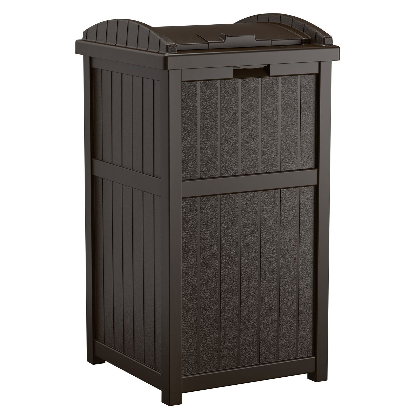 Suncast Trash Hideaway Outdoor Garbage Bin & 99 Gallon Deck Box w/ Seat, Java gallery