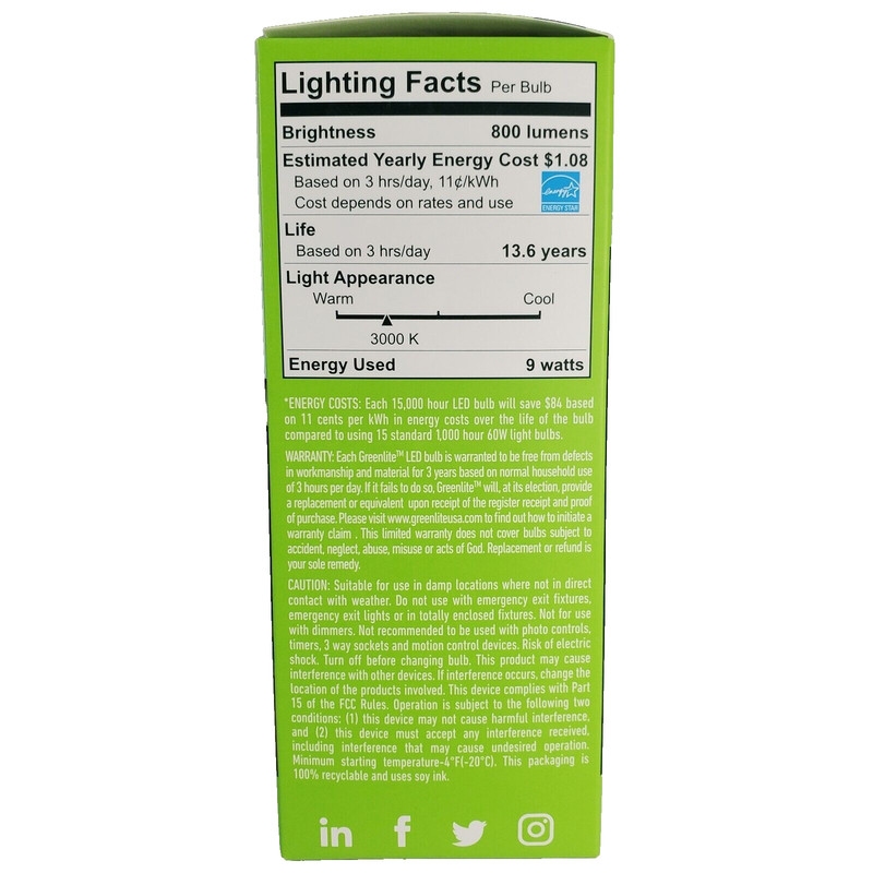 Greenlite LED 4 Pack 9W 60W Equivalent Light Bulbs 800 Lumens A19 Non-Dimmable gallery