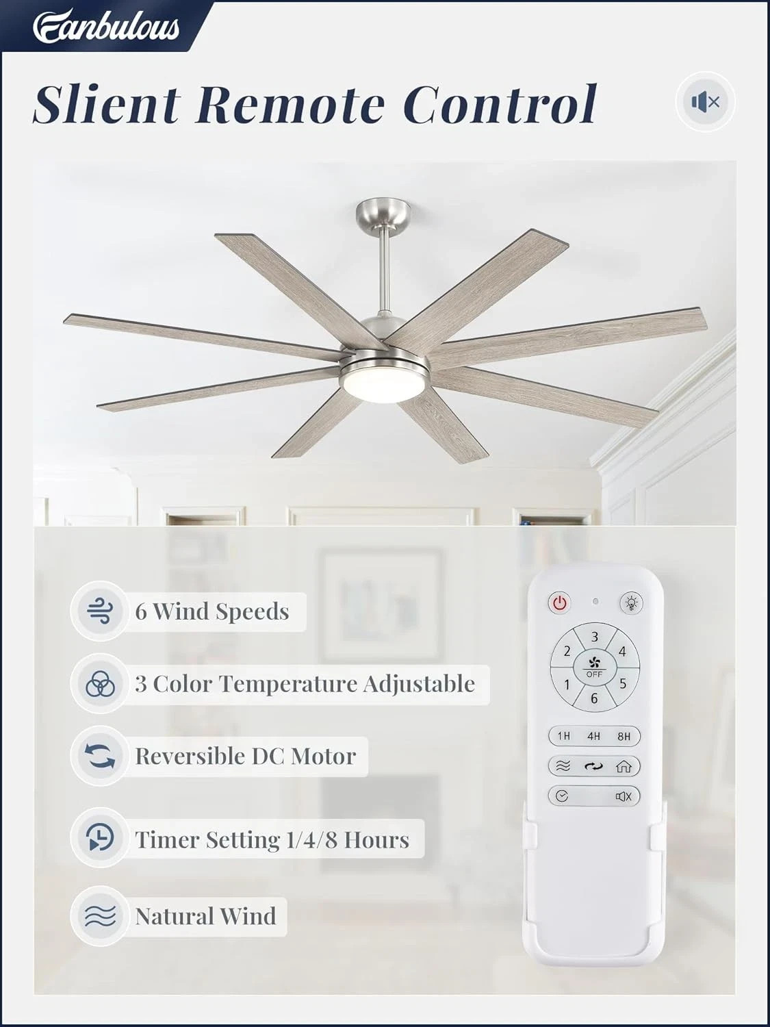 Large 65" Ceiling Fan with LED Light and Remote – Brushed Nickel DC Motor gallery
