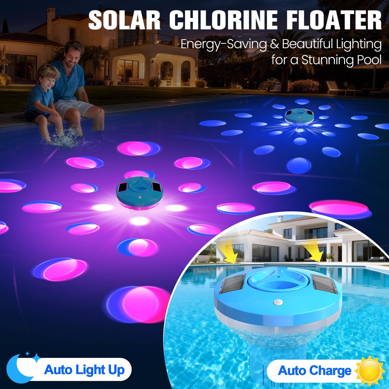 Chlorine Floater for Pools & Hot Tubs, Adjustable Flow, Solar Lights, Large gallery