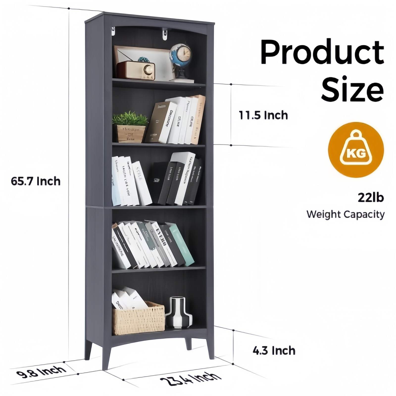 5 Tier Wooden Bookcase, 65in Open Display Bookshelf for Home, Bedroom, Office gallery