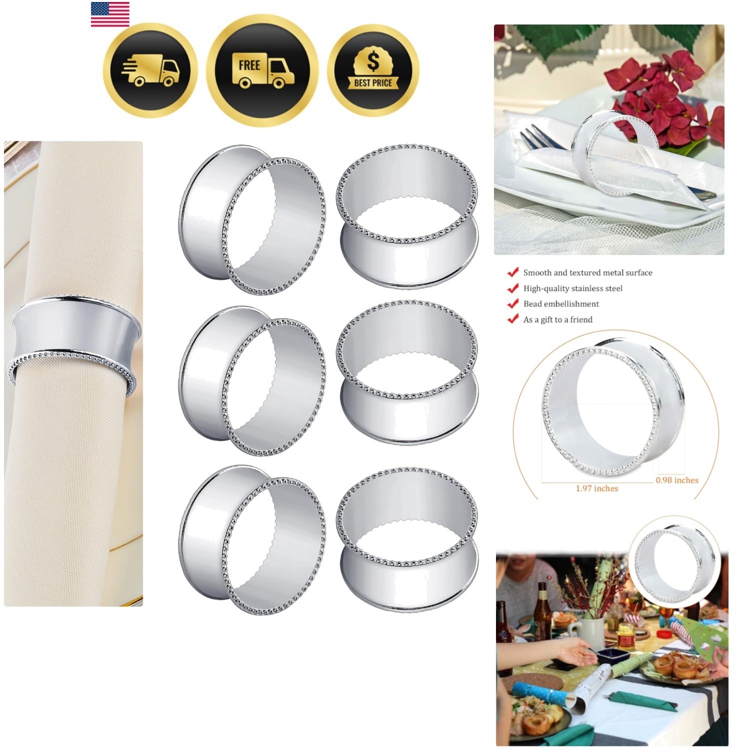 6 Pcs Stainless Steel Bead Side Napkin Rings Delicate Serviette Buckles Silver gallery