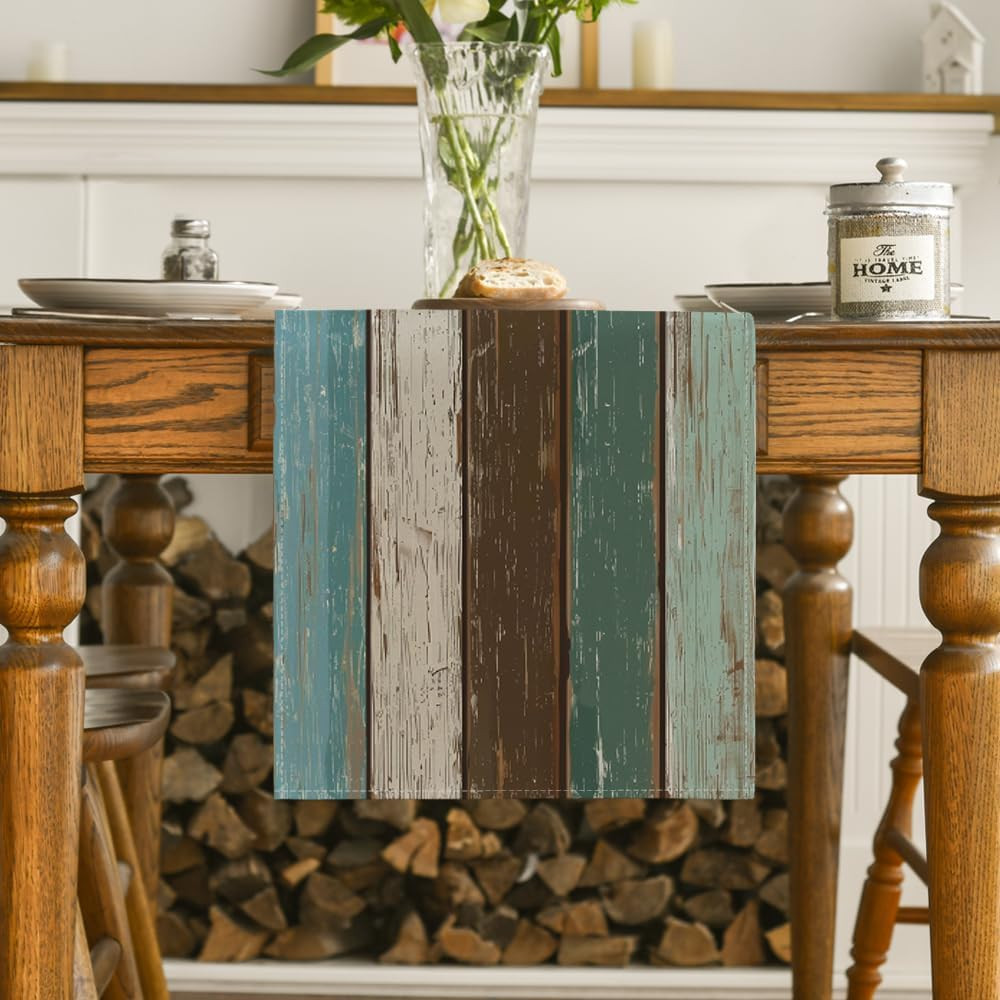 Artoid Mode Green Retro Rustic Wood Texture Table Runner, Seasonal Spring Kitche gallery
