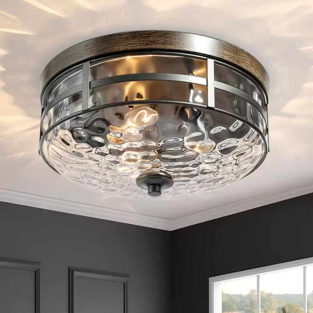 Modern Farmhouse Drum Ceiling Light 3-Light Rustic Wood Accent Flush Mount Ceili