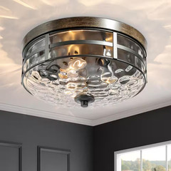 Modern Farmhouse Drum Ceiling Light 3-Light Rustic Wood Accent Flush Mount Ceili