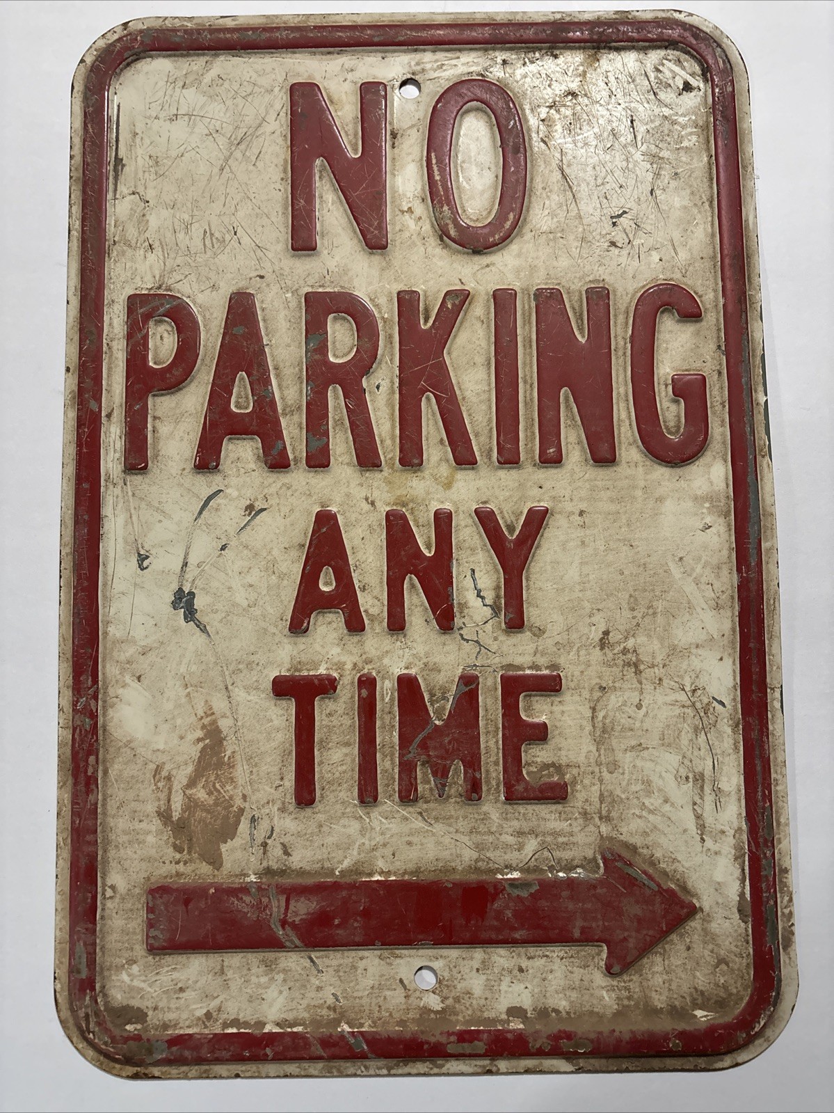Vintage Embossed Heavy Metal NO PARKING ANY TIME Arrow Sign 12" X 18" gallery