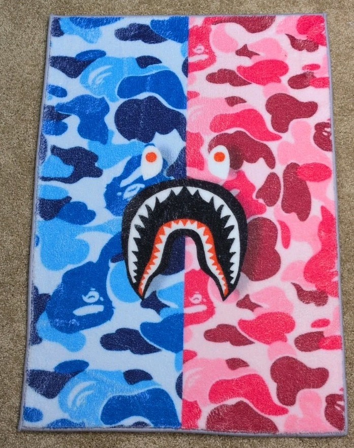 A Bathing Ape Shark Camouflage Area Rug Rectangle Blue/ Pink 21"X32" gallery