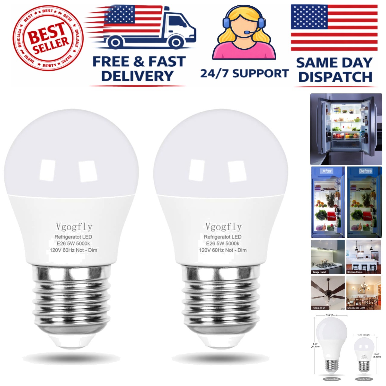 2-Pack Waterproof LED Refrigerator Light Bulbs 5W - Energy Saving E26 A15 Design gallery