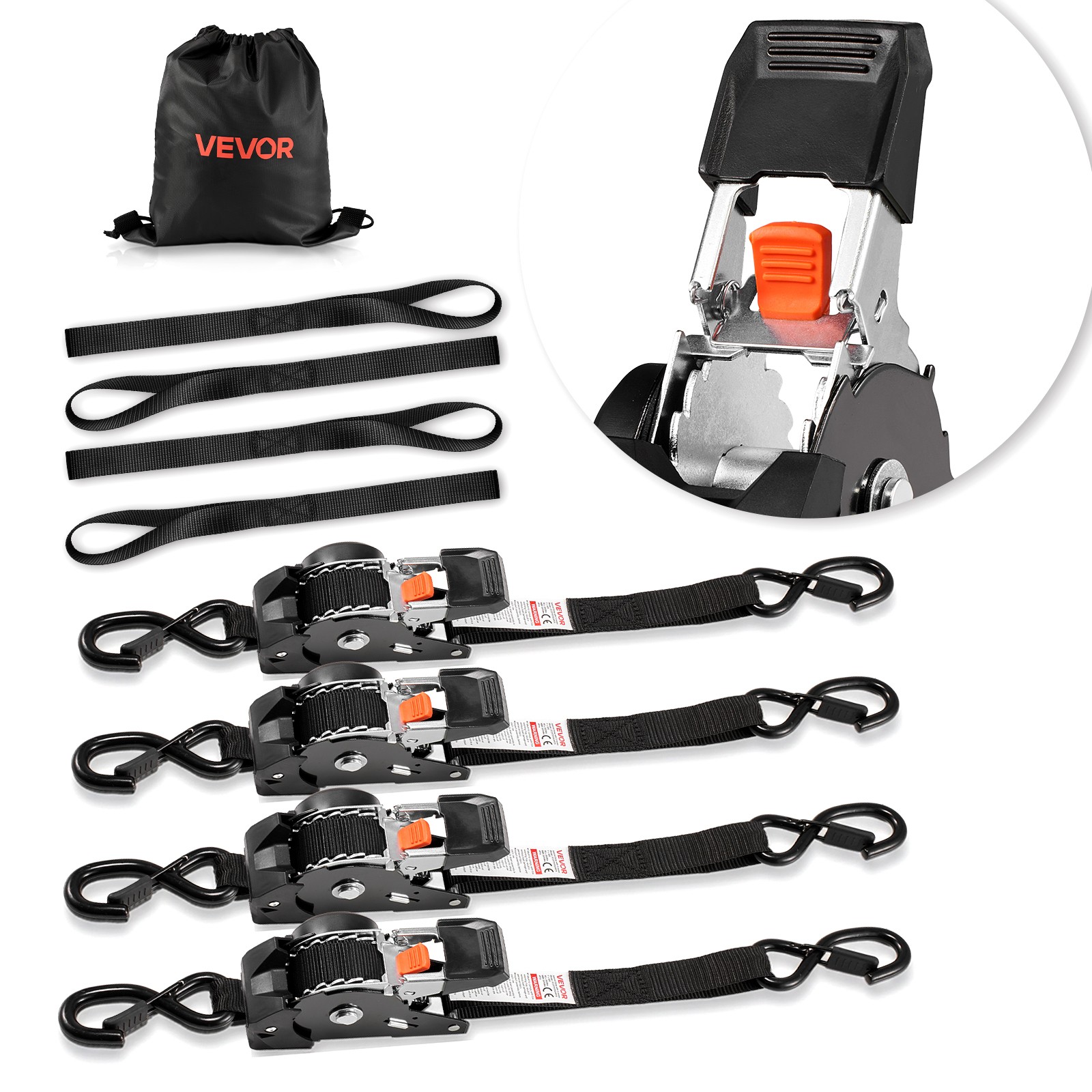 VEVOR 4 Pack 1"x 10' Retractable Ratchet Tie Down Straps 1200 lbs Capacity gallery