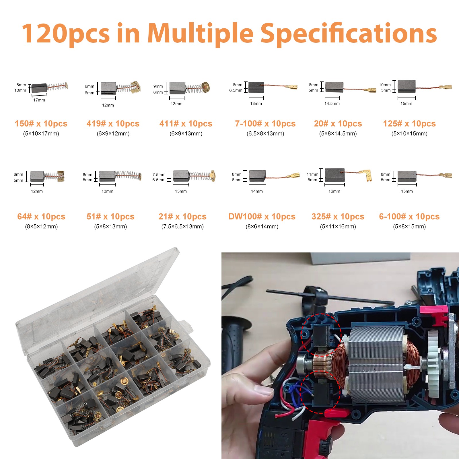 120pcs Power Tool Carbon Brushes Motor Repair Set for Drills Saws Grinder Vacuum gallery