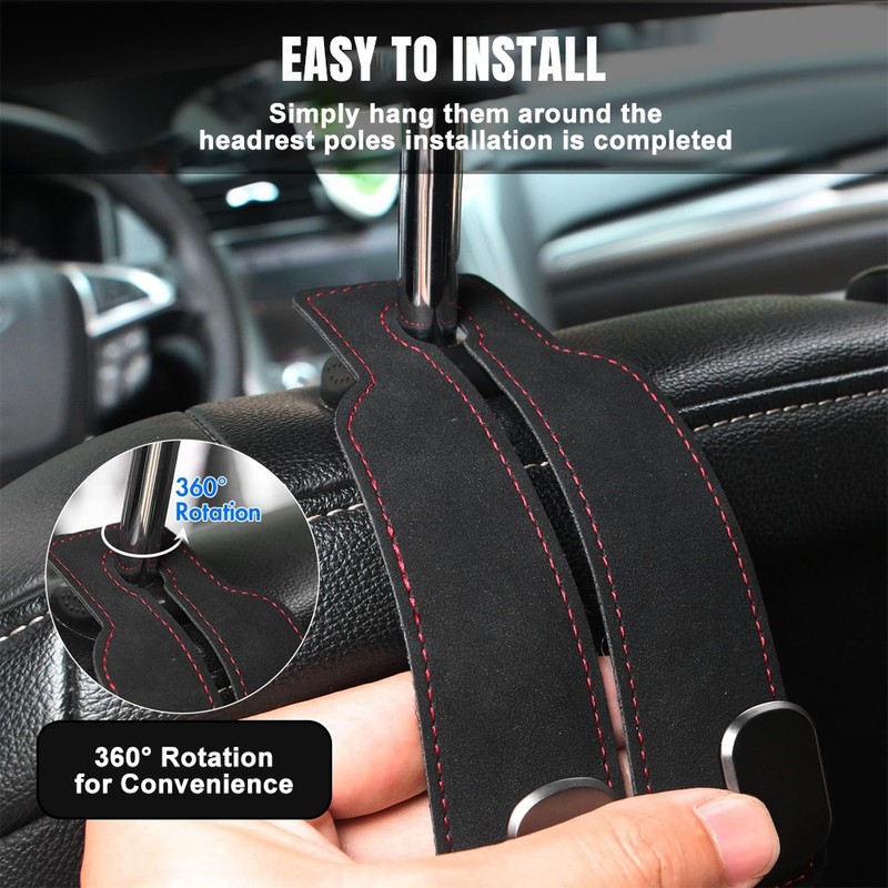 2x Car Headrest Double Hook Leather Seat Back Hanger Holder for Purses Bag Black gallery