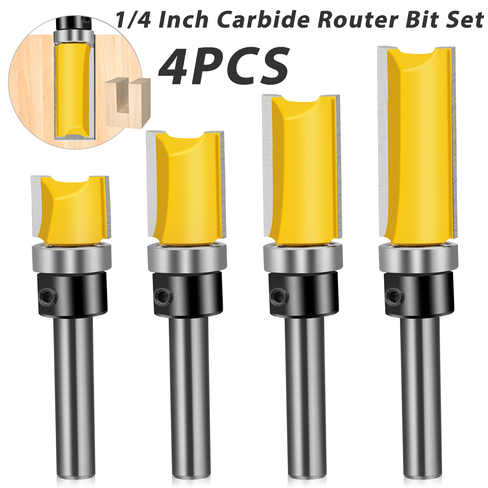 4X 1/4 Inch Shank Top Bearing Flush Trim Carbide Router Bit Set Woodworking Tool gallery
