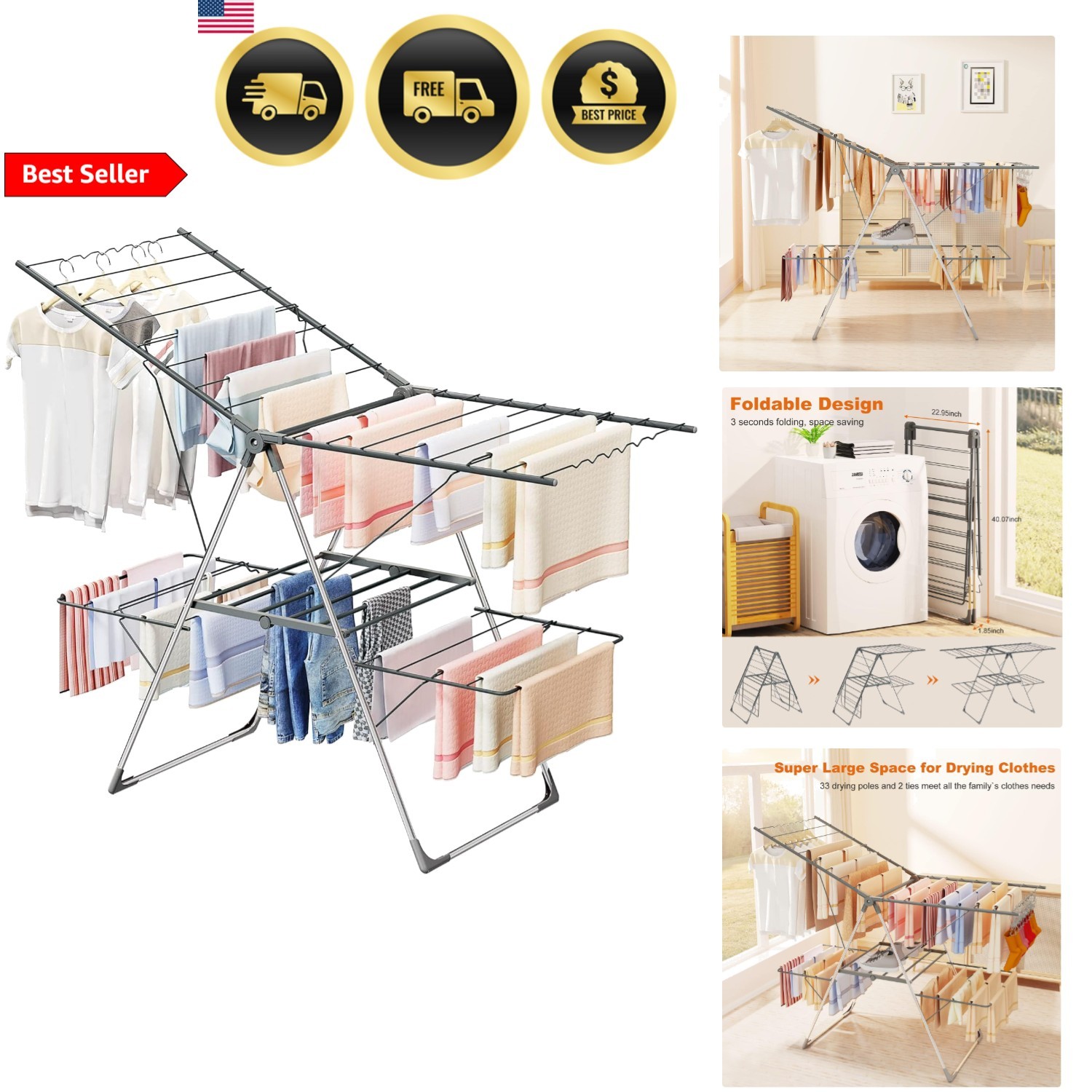 Clothes Drying Rack Foldable Large Laundry Drying Rack Collapsible Stainless ... gallery