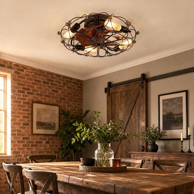 20'' Modern Caged Black Ceiling Fan with LED Light Flush Mount Remote Control gallery