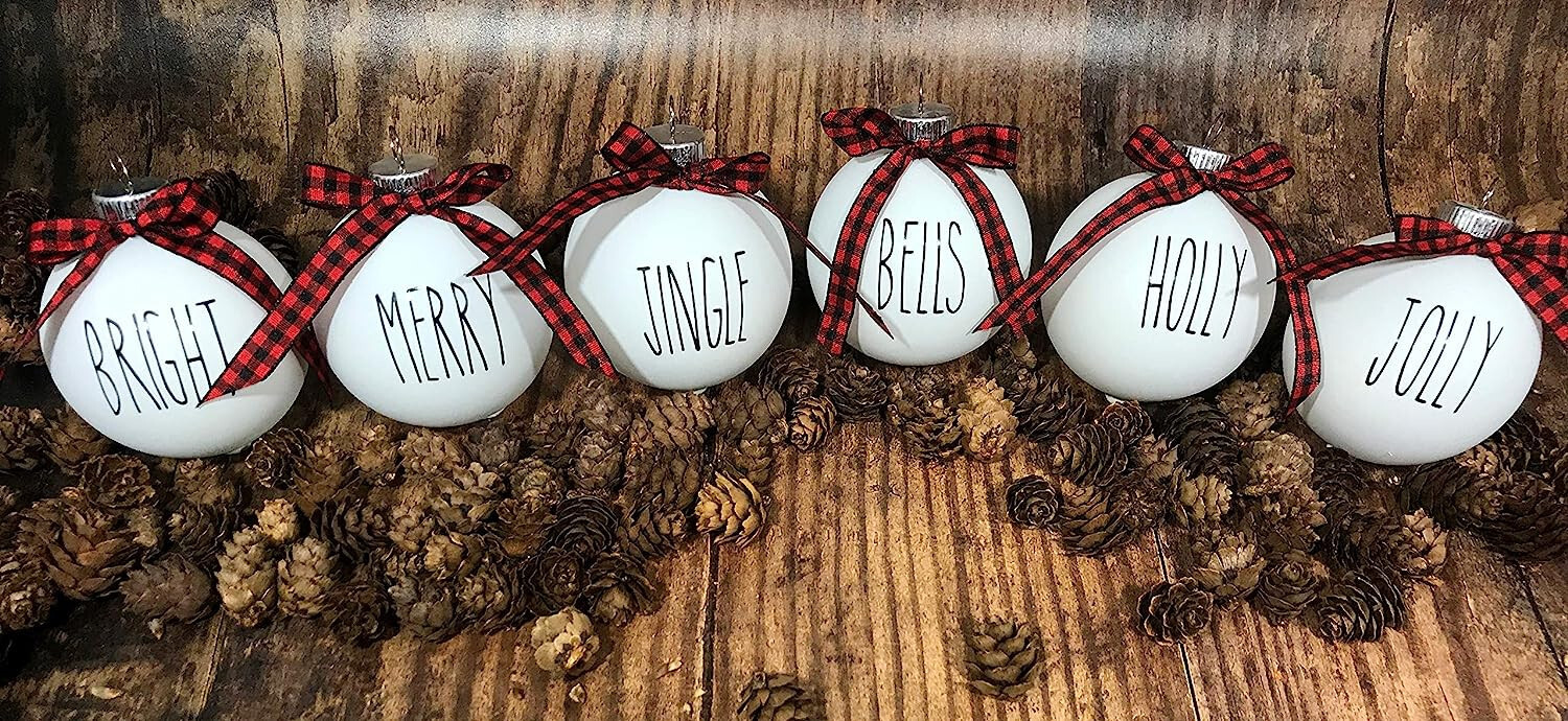 Secular Ornament Set - 6 Shatterproof Matte White Bulbs With Black Lettering gallery