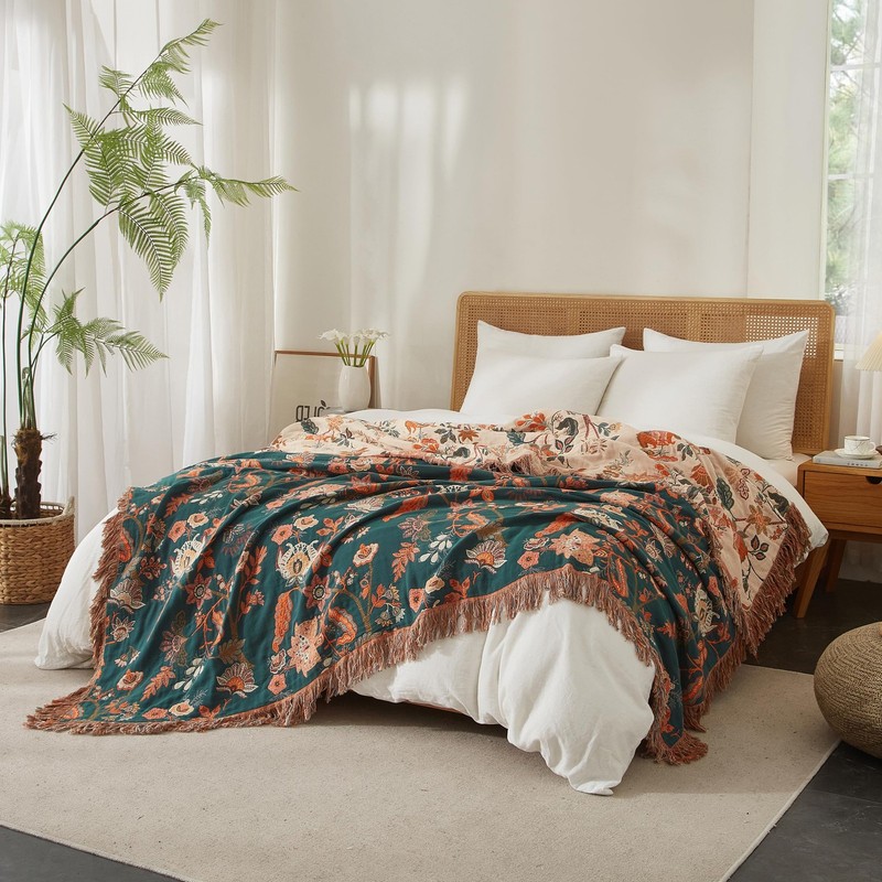 Boho Throw Blanket for Bed 60”x80”, 100% Cotton Woven Blanket for Couch Sofa,... gallery