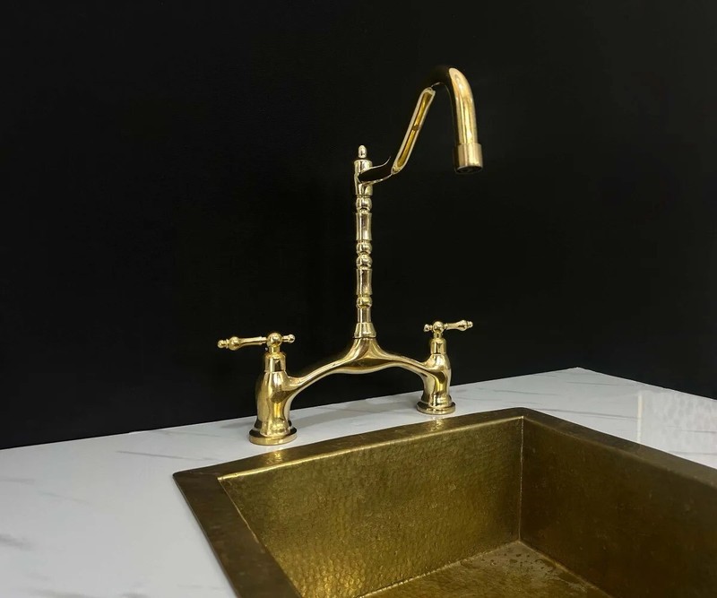 Victorian Style Bridge Kitchen Faucet – Unlacquered Brass Construction gallery