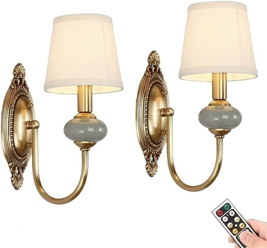 Rechargeable Wireless Antique Brass Wall Sconces with Remote - Set of 2