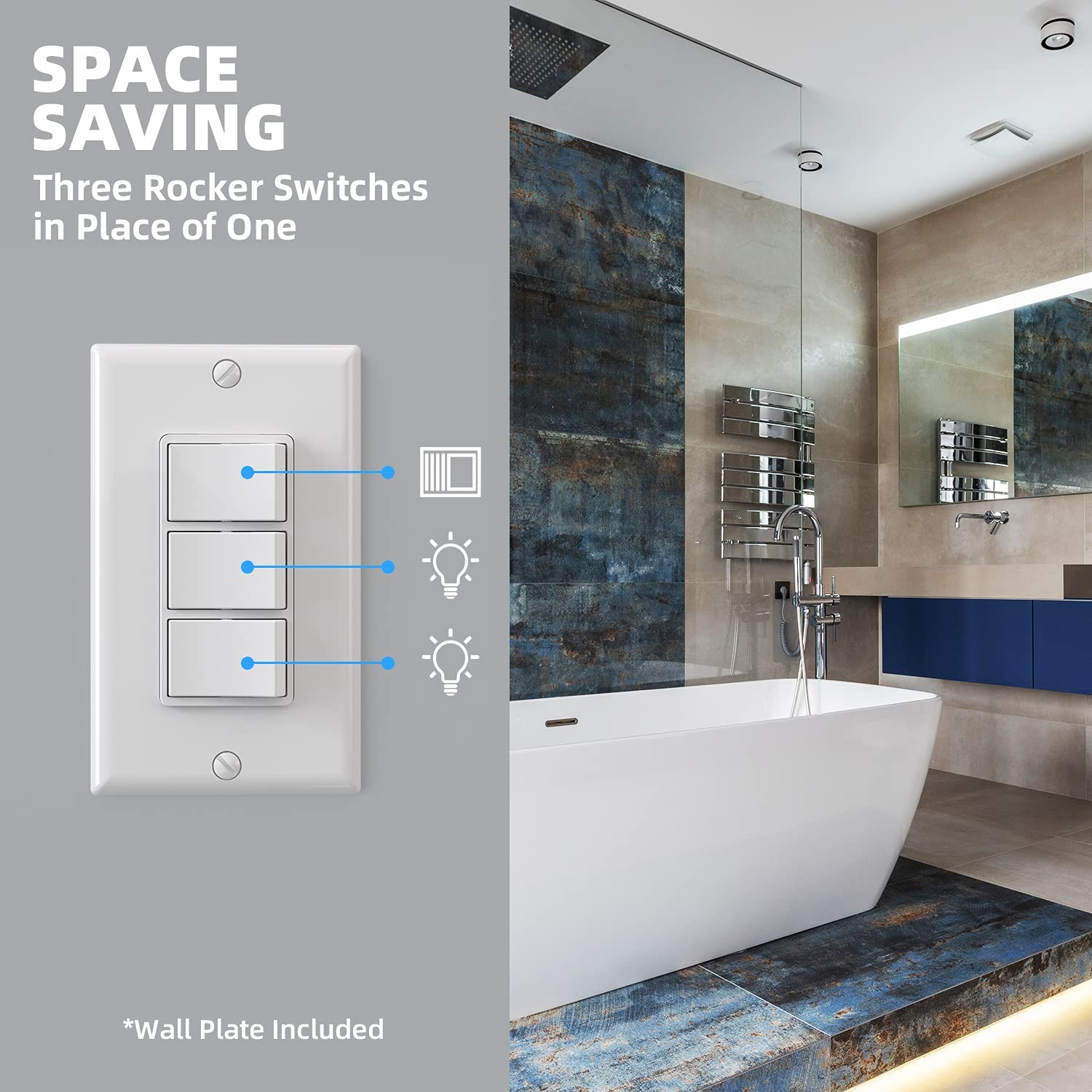 Decorator Triple Rocker Light Switch, Three Single Pole Electrical Paddle Switch gallery