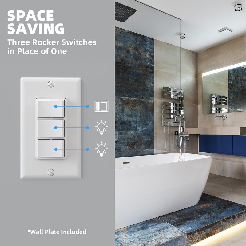 Decorator Triple Rocker Light Switch, Three Single Pole Electrical Paddle Switch gallery