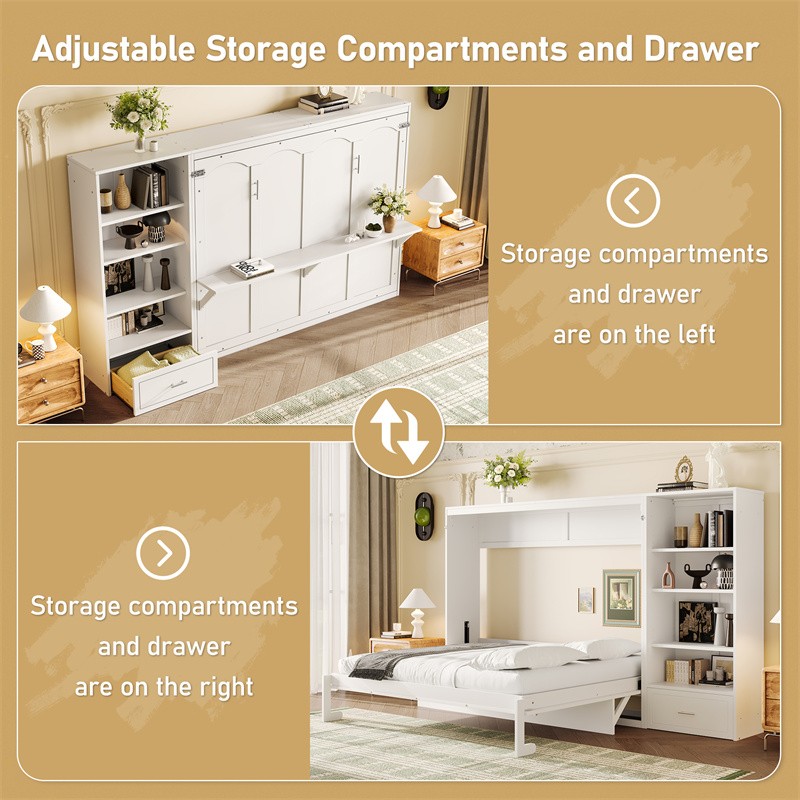 Queen Size Murphy Bed with Height Adjustable Storage Compartments and Drawer gallery