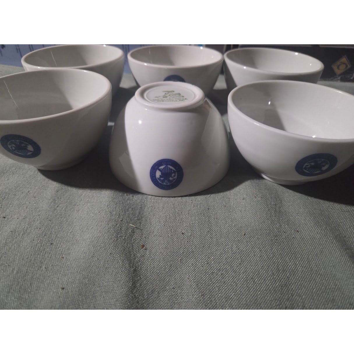 1930s Shenango China Veterans Administration Small Bowls Set of 6 White Blue gallery