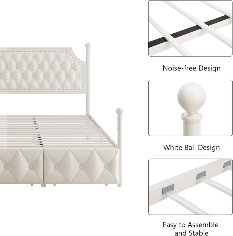 Queen Upholstered Canopy Bed Frame with 2 Drawers and Button Tufted Headboard... gallery