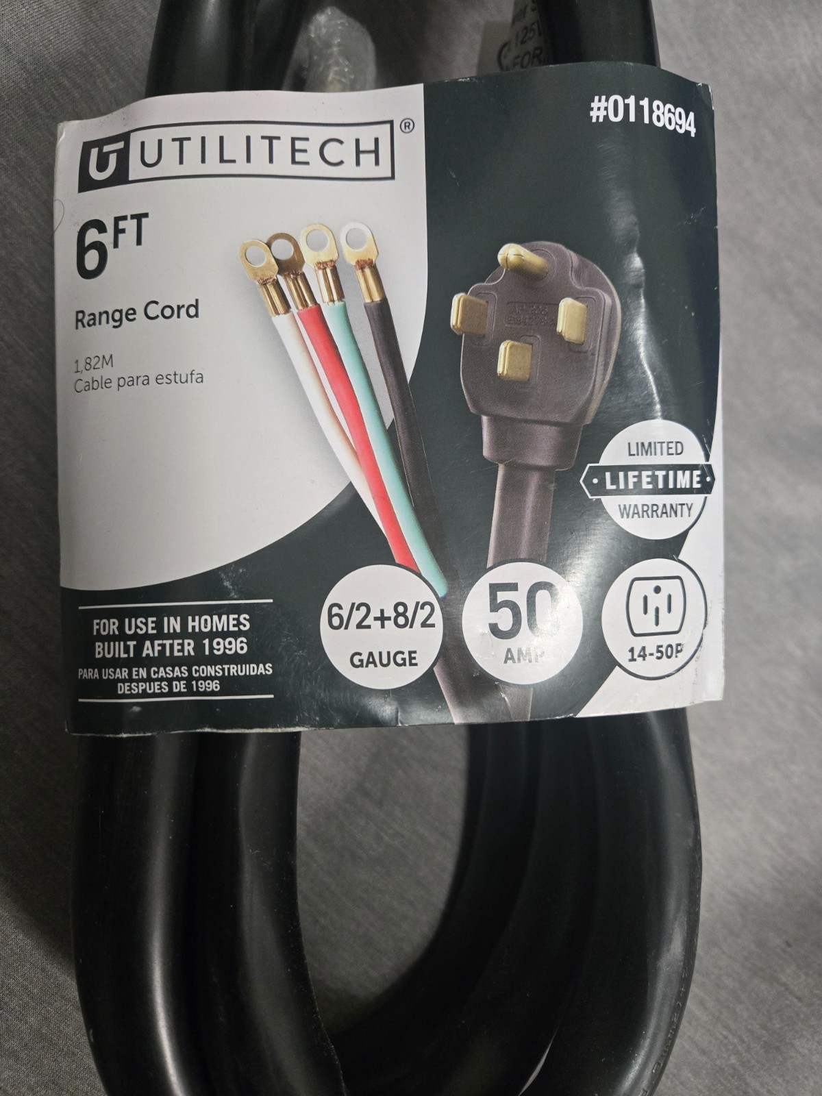 Utilitech 6-ft 4-Prong Black RANGE Appliance Power Cord Model #0118694 - 50 amp gallery