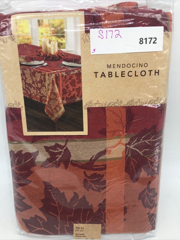Mendocino Rust Copper Windowpane Plaid Leaf Fabric Tablecloth, 70" Round gallery