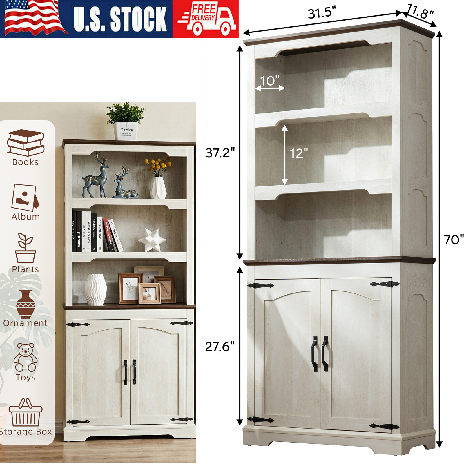 70In 5-Tier Floor Standing Bookcase Storage Shelf White Farmhouse Bookcases gallery