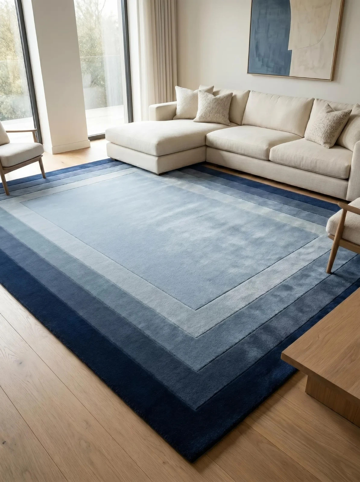 Premium Handmade Wool Rug Blue Ombre Border Tufted Rug, Handmade Wool Area Rug, gallery