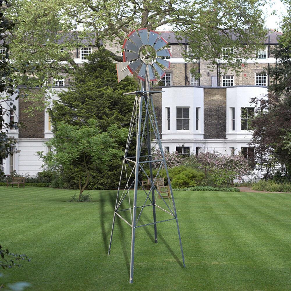 8Ft Tall Windmill Ornamental Wind Wheel Silver Gray & Red Garden Weather Vane US gallery
