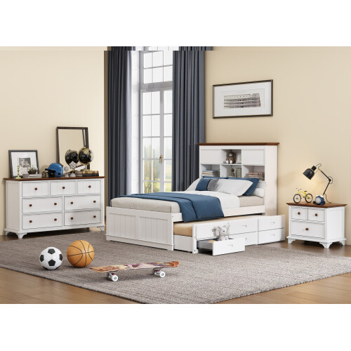 Solid Wood Bedroom Sets Captain Bed with Trundle & 3 Drawers Bookcase Headboard