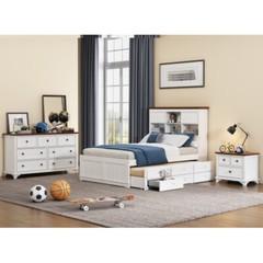 Solid Wood Bedroom Sets Captain Bed with Trundle & 3 Drawers Bookcase Headboard