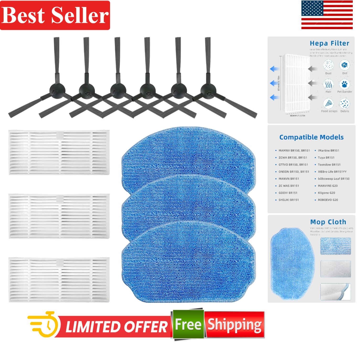 Robot Vacuum Replacement Parts Kit Compatible with BR151 G20 ZCWA Mamnv ONSON... gallery