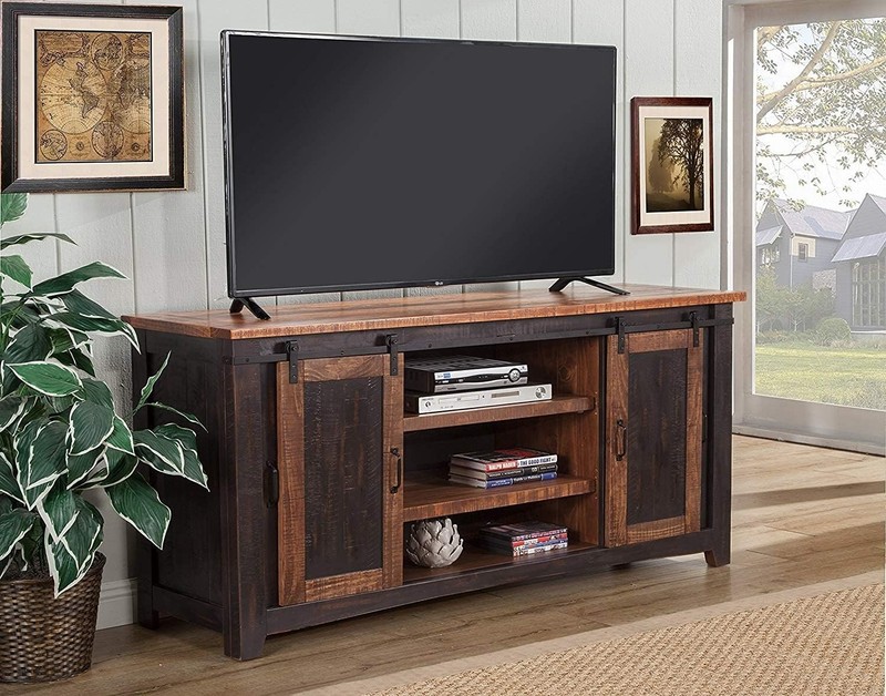 Versatile 65" Antique Black TV Stand with Sliding Doors for Living Room Elegance gallery