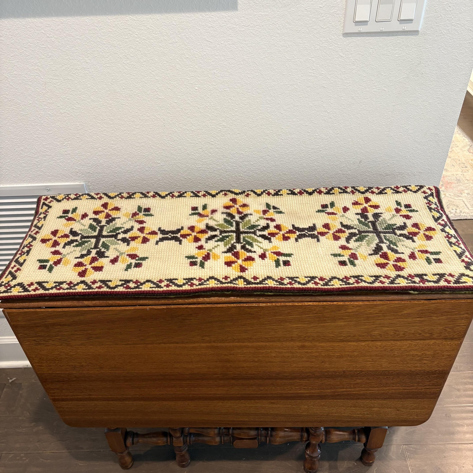 Vtg Hand-stitched Needlepoint Table Runner Floral Folk Boho Design Velvet Back gallery