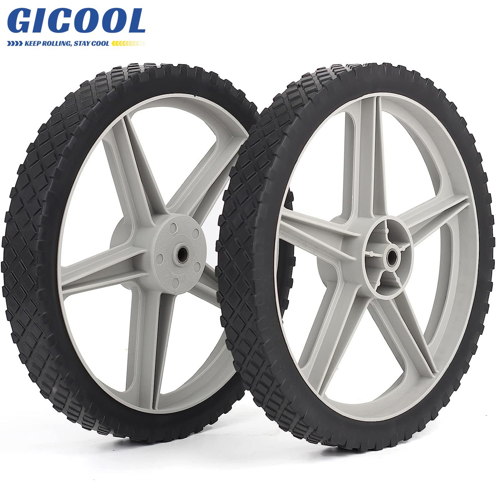 GICOOL 2-Pack 14 x 1.75" Spoked Plastic Lawn Mower Wheel & Tire, 1/2" Axle Bore gallery
