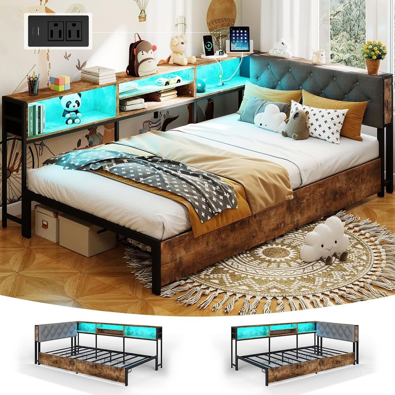 Corner Bed Frame with Storage Bookcase Twin / XL Daybed Kids Bed with Charging gallery
