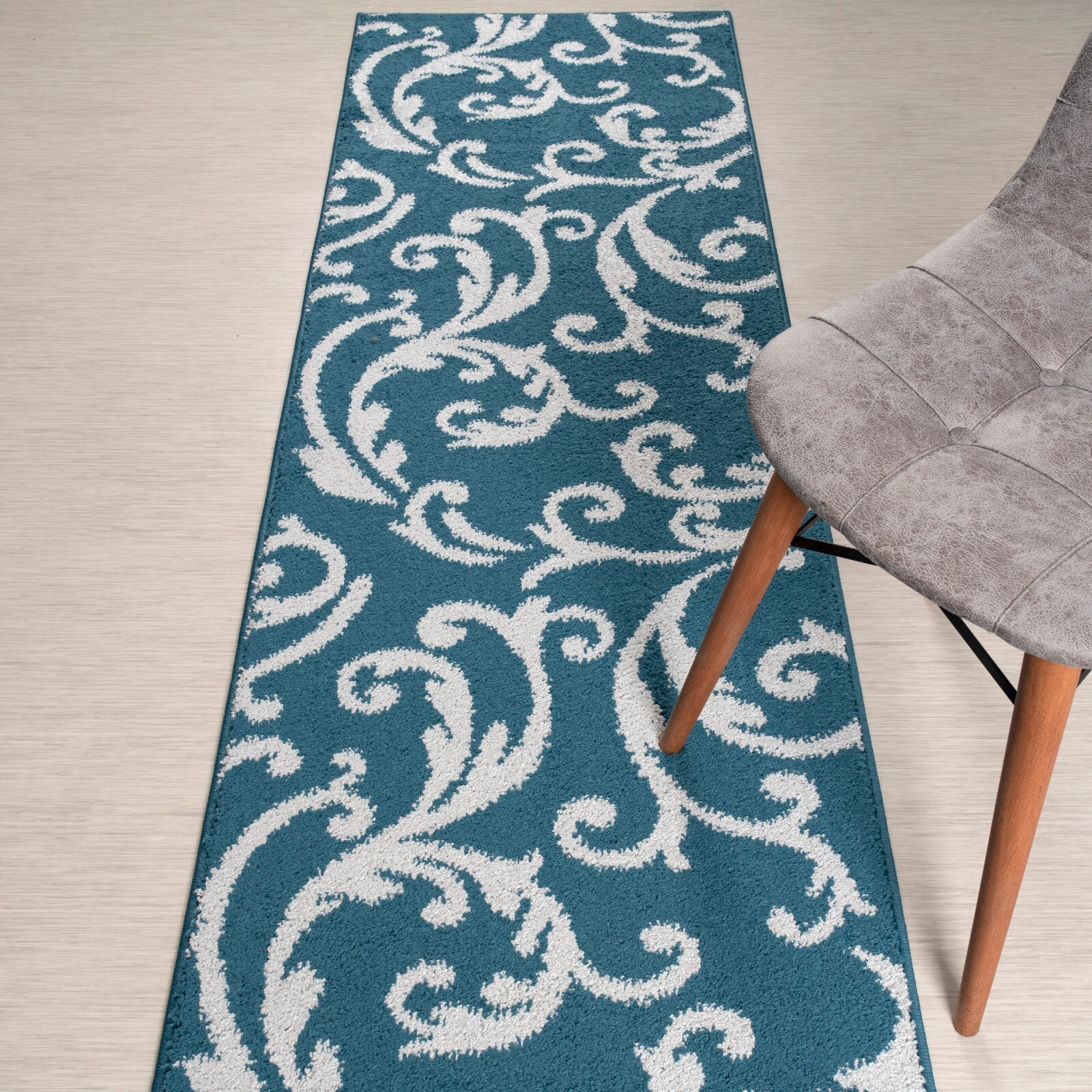 Custom Length Stair Hallway Carpet Runner Rug Non Slip Backing, Floral Blue gallery