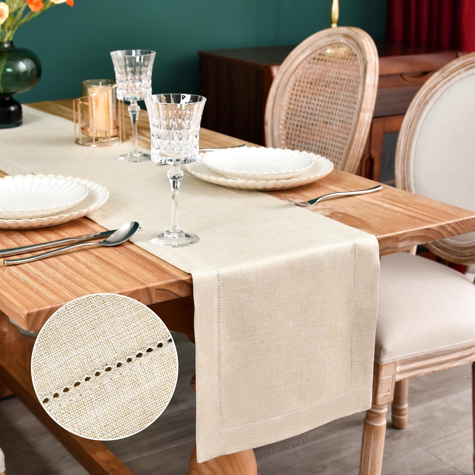 NEWISHER Farmhouse Hemstitch Border Table Runner Faux Linen 13x48inch, Beige gallery
