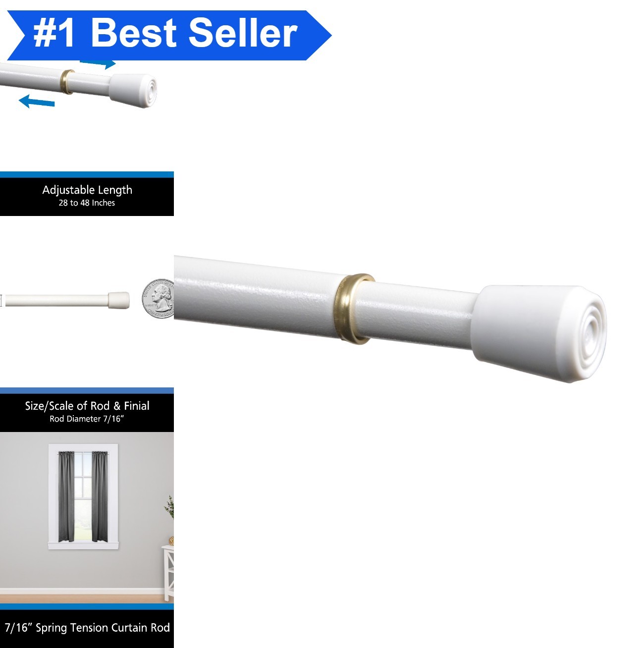 Adjustable Tension Curtain Rod 7/16 Inch 28 to 48 Inches White For Small gallery