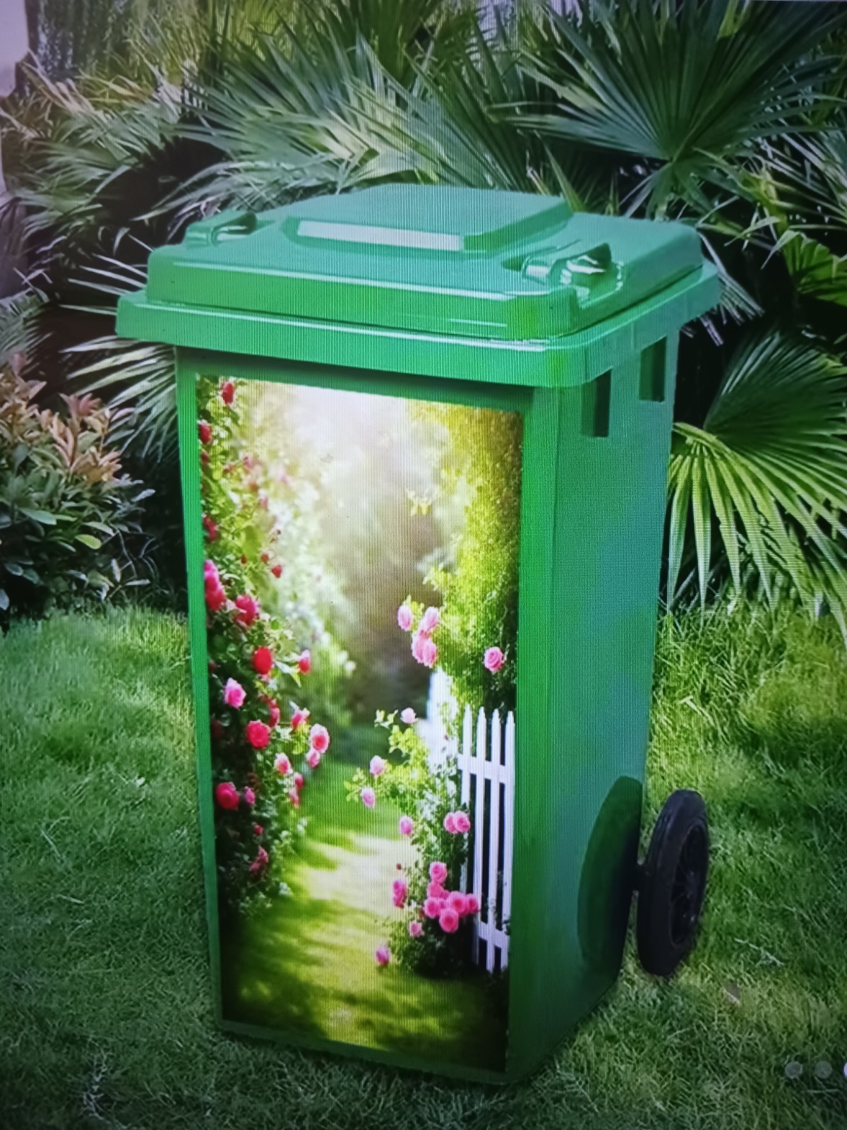 Rose Garden/ PICKET FENCE -Garbage Can Sticker - Pvc DYI/Decor 12"w x 27' H gallery