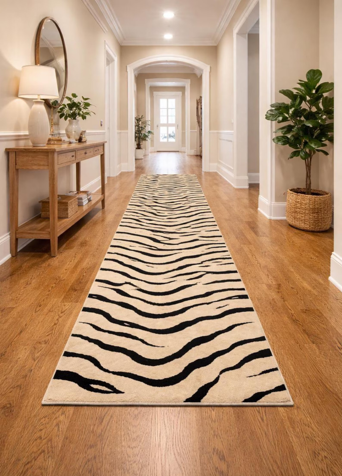 Hand Tufted Wool Runner Rug | Black Beige Tiger Print gallery