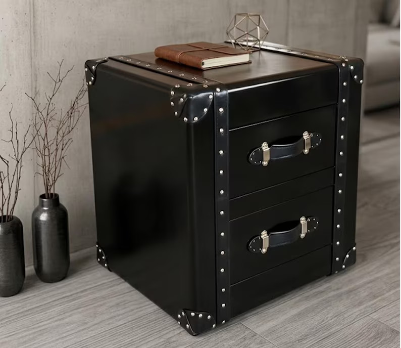 Black Aviator Side Table with 2 Drawers Aluminum Stool for home office Decor