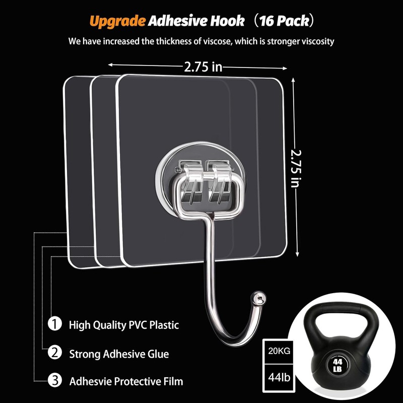 DKHDBD Large Adhesive Hooks, 16-Pack Hold 44lb(Max) Heavy Duty Transparent gallery